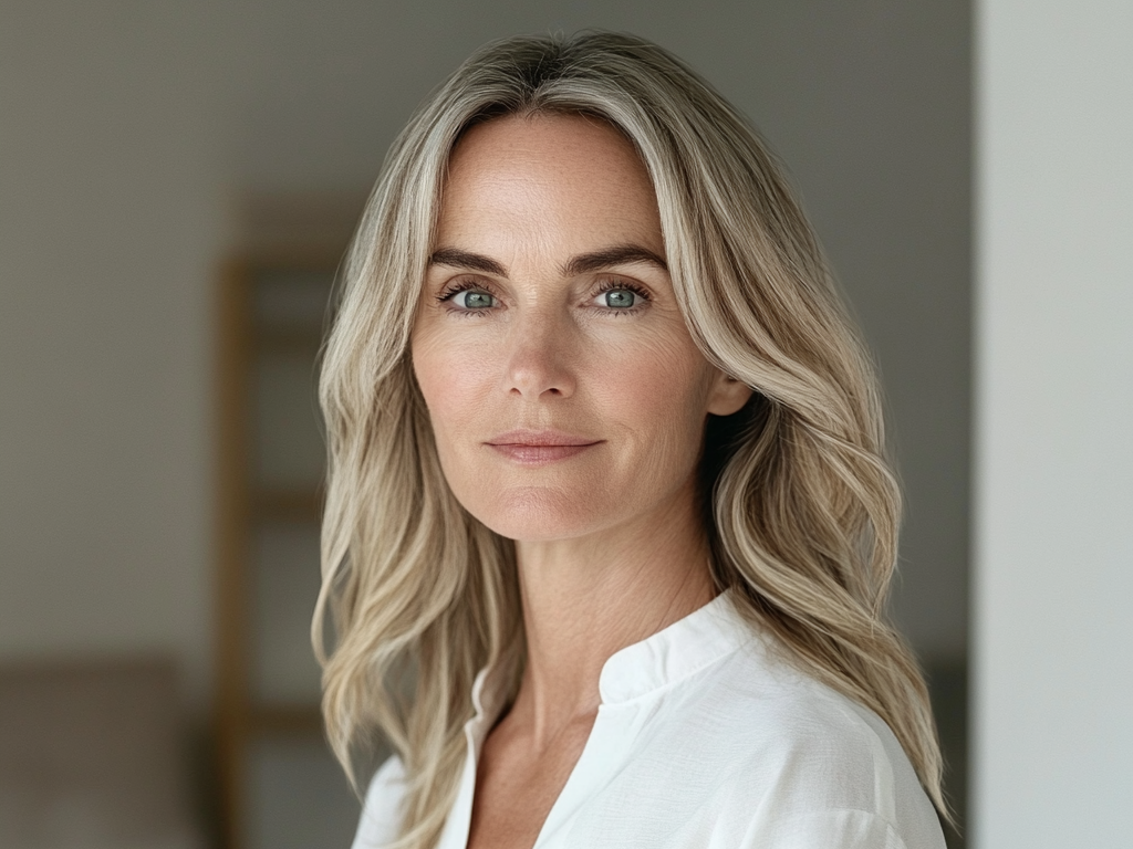 Schilddrüsenunterfunktion: Porträt einer attraktiven, reifen Frau mit blonden Haaren und natürlicher Ausstrahlung – Symbol für Gesundheit und Wohlbefinden bei Schilddrüsenunterfunktion.